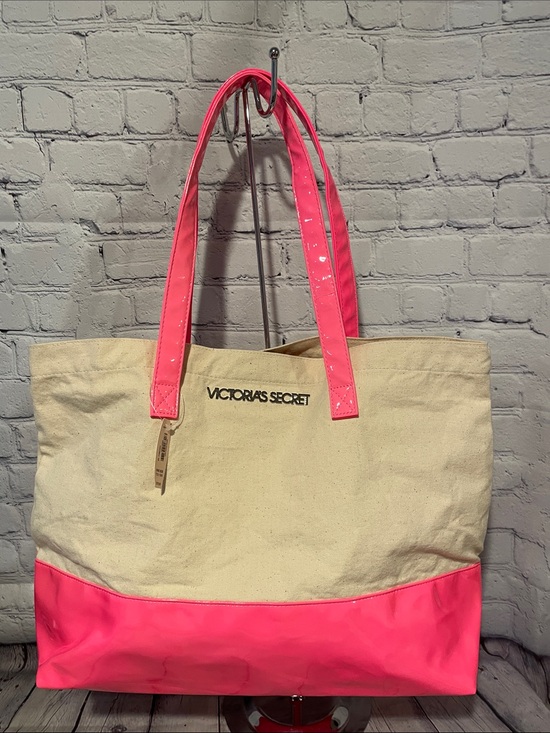 Victoria's Secret Handbags - Victoria's Secret Natural Canvas Tote with Hot Pink Trim NWT
